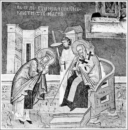 Епископ Нонн крестит Пелагию Антиохийскую Фреска монастыря Дечаны Косово - фото 21
