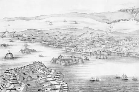 Вид Кронштадтской крепости 1855 Литография а продольный разрез б схема - фото 14