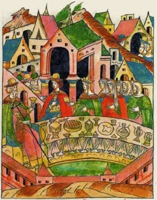 Свадебный пир Ивана Младого и Елены Волошанки Миниатюра Лицевого свода XVI в - фото 46
