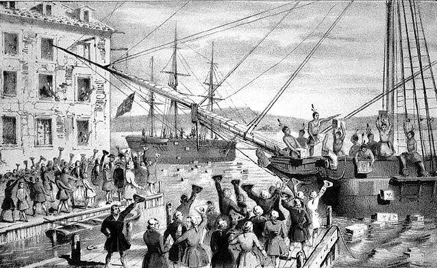 Уничтожение чая в Бостонской гавани Литография 1846 года Маccачусетский - фото 6