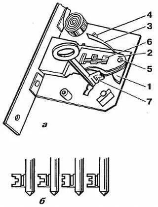 Рис 3 Замок с сувальдиым механизмом а в сборе б варианты бородок - фото 3