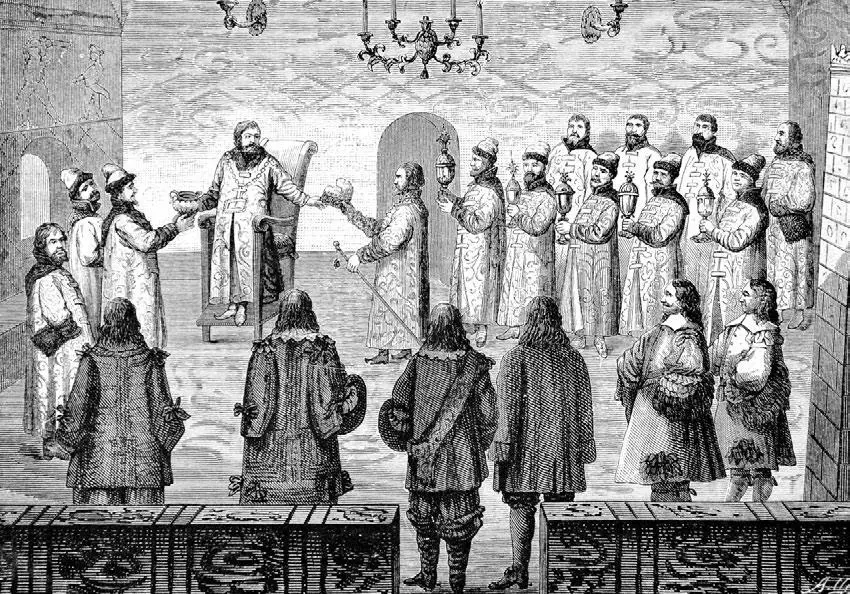 Царь Алексей Михайлович встречается с послами 1888 г Гравюра из русского - фото 91