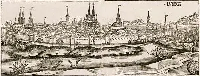 Любек Гравюра Хроники Г Шеделя 1493 г Ливония на карте Олауса Магнуса - фото 7