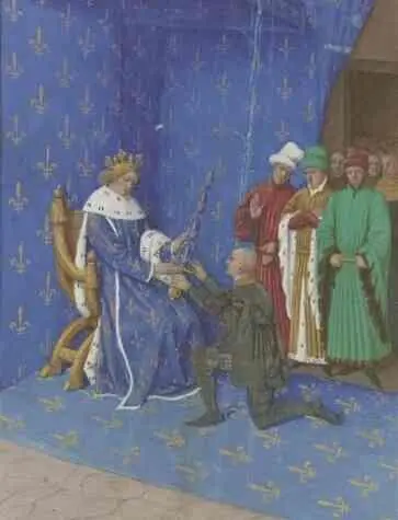 Король Карл V вручает Бертрану дю Геклену меч коннетабля Миниатюра 14551460 - фото 123