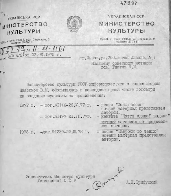 Ответ Министерства культуры Украинской ССР с информацией о заключенных в 1977 - фото 74