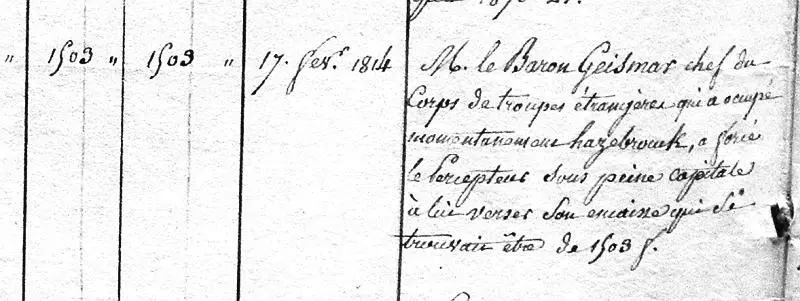 Запись в регистрационной книге г Азбрук 17 февраля 1814 мосье Барон - фото 7