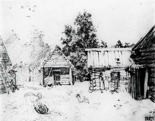 Деревенский дворик Лист из альбома 1807 года Бумага итальянский карандаш - фото 6