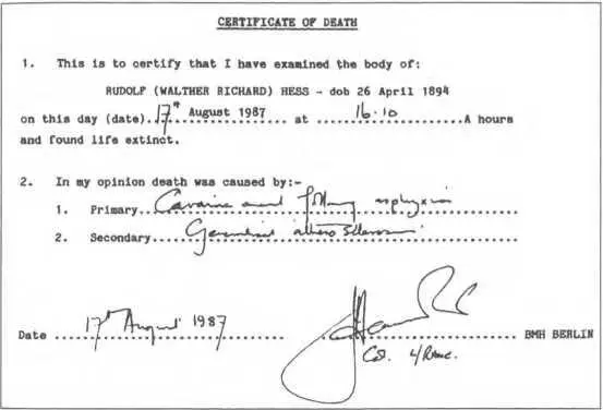 Свидетельство о смерти Рудольфа Вальтера Рихарда Гесса 17 августа 1987 года - фото 36
