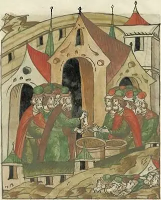 Голод и дороговизна 12281231 гг Миниатюра Лицевого Летописного свода XVI в - фото 39