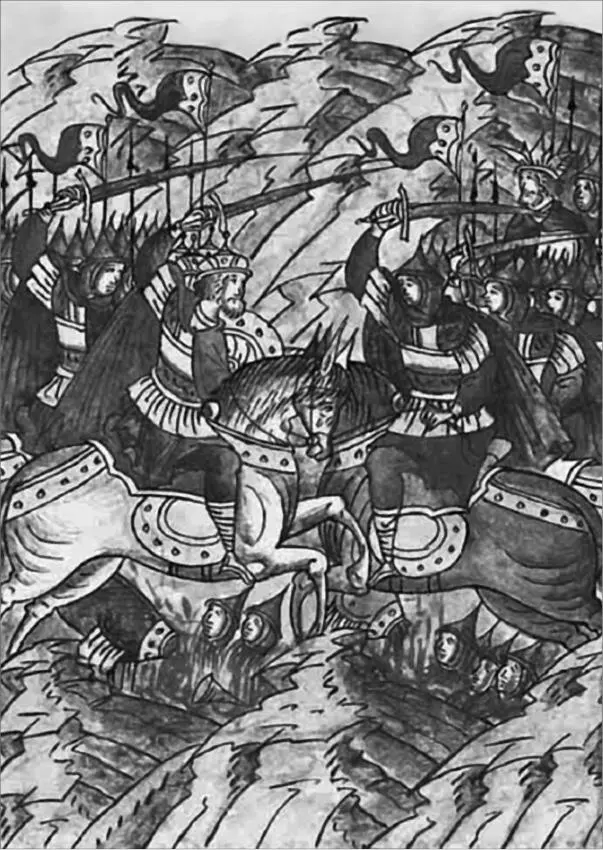 Битва рязанцев с ордой Батыя Миниатюра Лицевого летописного свода XVI в Выведя - фото 6