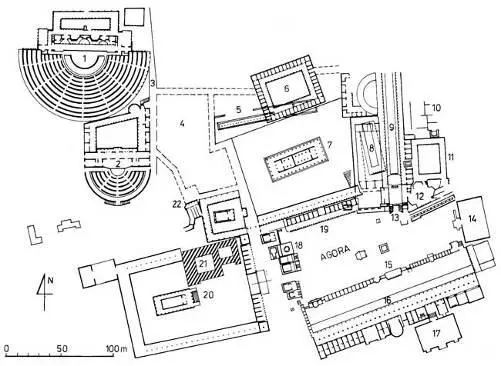 1 Театр 2 Одеон 3 Улица ведущая к гимнасию и Асклепию 4 Участок Афины - фото 397