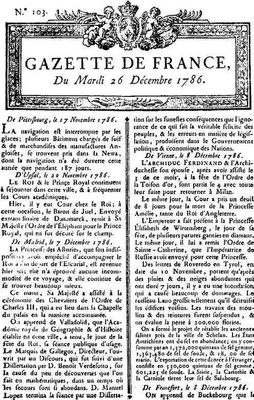 Gazett de France от 26 декабря 1786 г Первая полоса Г де Боплан Общий - фото 94