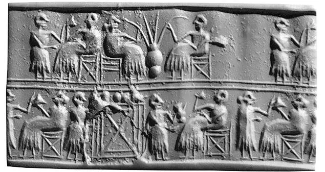 Цилиндрическая печать украшенная резьбой с изображением сцены пира Гости пьют - фото 6