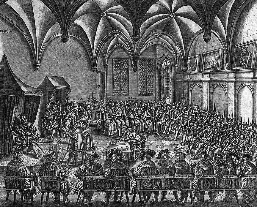 Карл V на Аугсбургском рейхстаге в 1530 г Гравюра XVI в Сцена изображает зал - фото 92