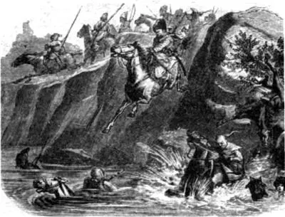 Запорожцы скачут на конях в реку Гравюра Р Штейна 1893 г Казацкий келеп - фото 343