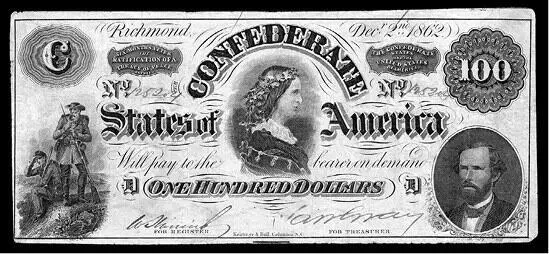 Конфедеративные Штаты Америки 100 долларов 1862 г 12 апреля 1861 года жена - фото 5
