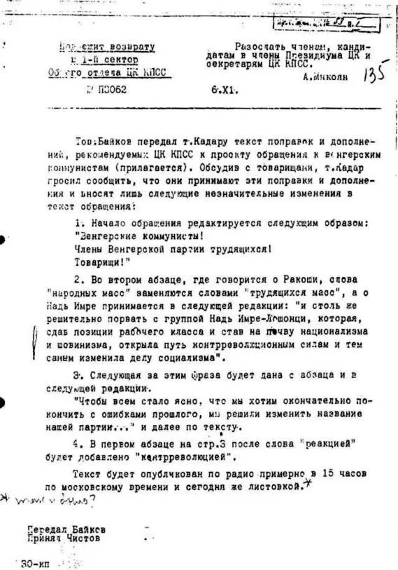 Поправки к речи Я Кадара от ЦК КПСС 6 ноября 1956 года Я Кадар выступает - фото 21