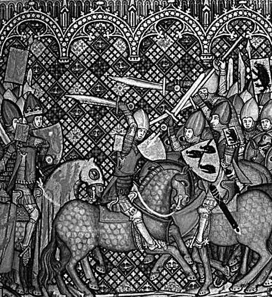 На миниатюре из рукописи 1340 г хорошо видны конные рыцари сражающиеся - фото 44