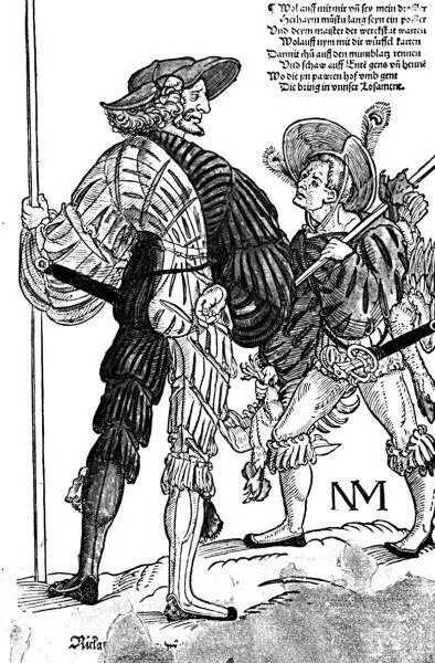 Ландскнехтпикинер и его слуга Раскрашенная гравюра 15201530 гг по рисунку - фото 312