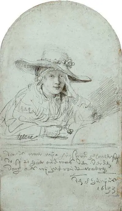 Рембрандт ван Рейн Саския в соломенной шляпе 1633 Серебряный карандаш - фото 157