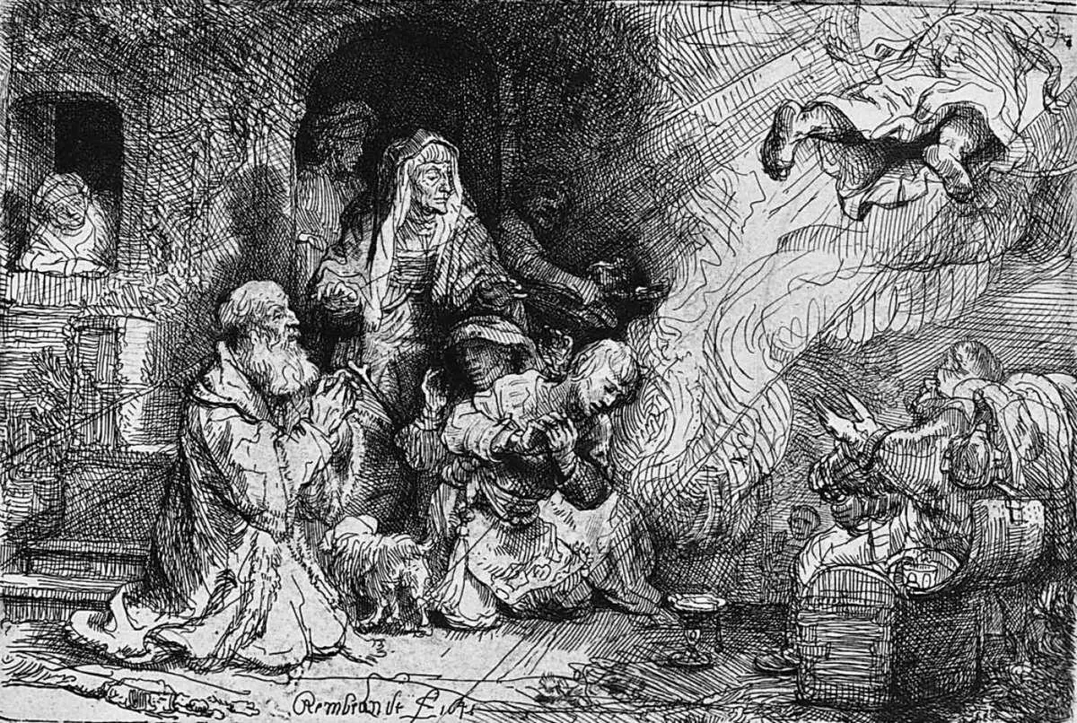 Рембрандт ван Рейн Ангел покидающий Товию и его семейство 1641 Офорт - фото 207