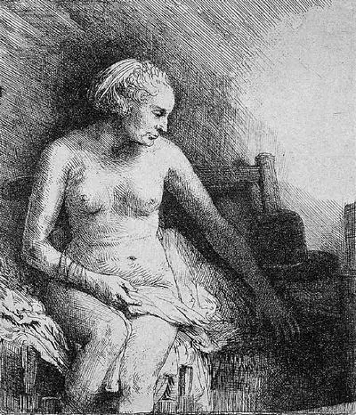 Рембрандт ван Рейн Сидящая обнаженная в чепце 1658 Офорт Библиотека и музей - фото 296