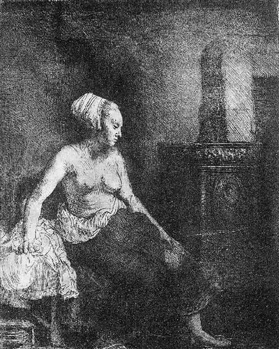 Рембрандт ван Рейн Полуобнаженная женщина сидящая у печи 1658 Офорт - фото 297