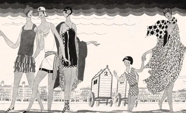 Модели в купальниках на фоне кабинки для переодевания Журнал Femina 1924 - фото 457