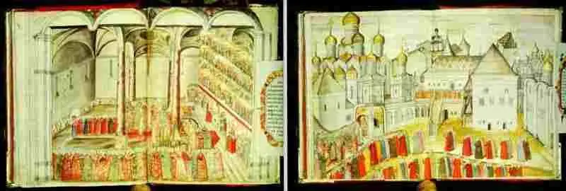 Успенский собор снаружи справа и внутри слева Миниатюры из рукописи XVII - фото 436