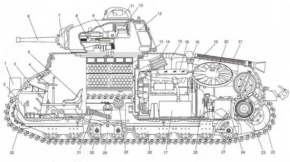 Компоновка танка S35 1 кожух фары 2 педаль главного фрикциона 3 - фото 47