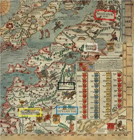 Карта морей 1539 года Жемайтия жёлтым цветом Литва синим Русь Чёрная - фото 58