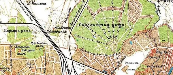 Сокольничья Роща на карте Москвы 1895 года Сокольницкая сосновая роща была - фото 113