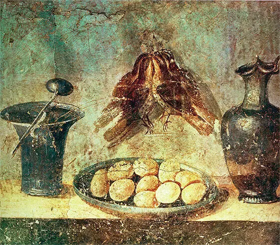 Яйца дичь и бронзовая посуда Фреска из дома Юлии Феликс в Помпеях I в н э - фото 27