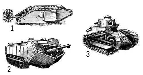 1 Первый опытный английский танк 1916 2 Французский танк СенШамон 1916 - фото 322