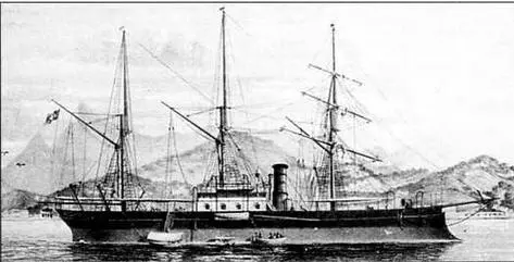 Броненосный корвет Бразил 1867 г Сражение в устье реки Ричуэло гравюра - фото 79