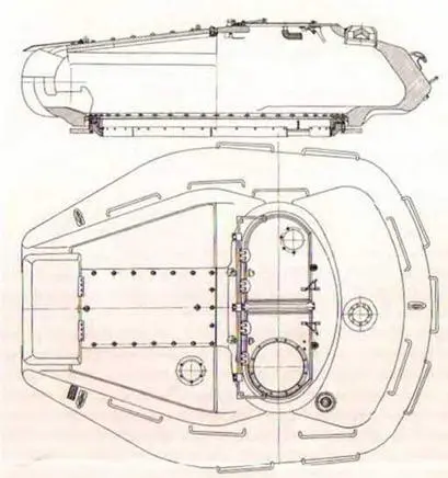Продольный разрез и вид башни сверху Башня монтировалась на корпусе на - фото 179