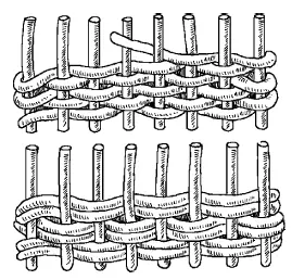 Рис 26 Простое плетение из лозы Рис 27 Плетение наклонными рядами в один - фото 26