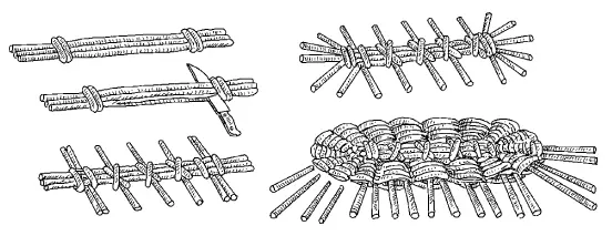 Рис 31 Плетение дна корзины Связанные прутья расщепляют ножом в средней - фото 31