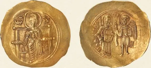 Византийская золотая монета иперпир Исаака II ангела XII в Удивительна - фото 217