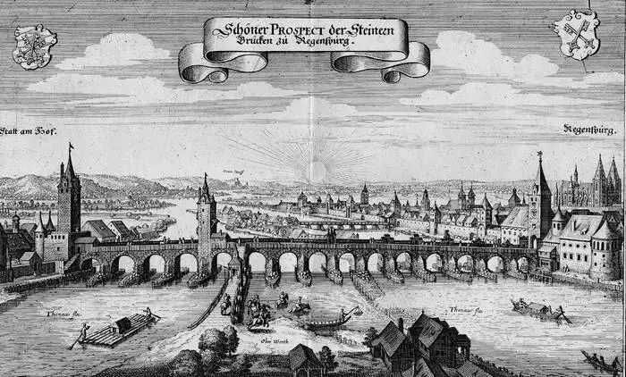 Регенсбург Старый мост Литография XVII века Регенсбург Открытка 1900 - фото 15
