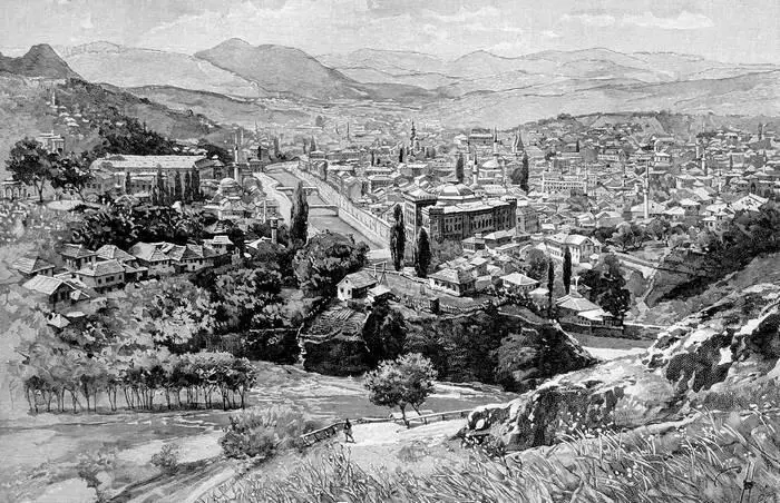 Сараево Гравюра на дереве Юлиуса фон Гари 1900 год Сараевский трамвай - фото 115
