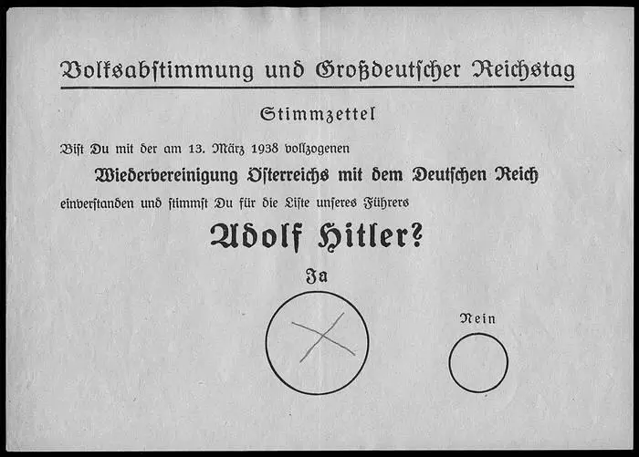 Бланк плебисцита 10 апреля 1938 года Согласен ли ты с произошедшим 13 марта - фото 147