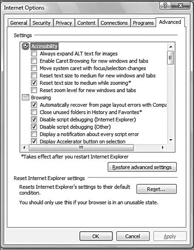Рис 59Internet Explorer вкладка Дополнительно в Свойствах обозревателя - фото 87