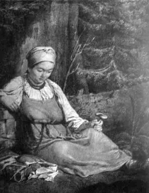 Раскрашенная литография с картины АГ Венецианова Крестьянка с грибами в - фото 184