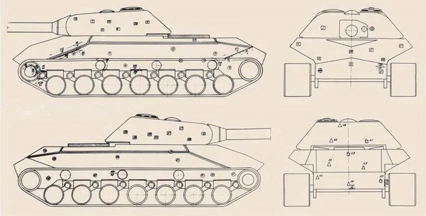 Схема снарядных попаданий в корпус и башню Т10 НИИБТ полигон август 1955 г - фото 118