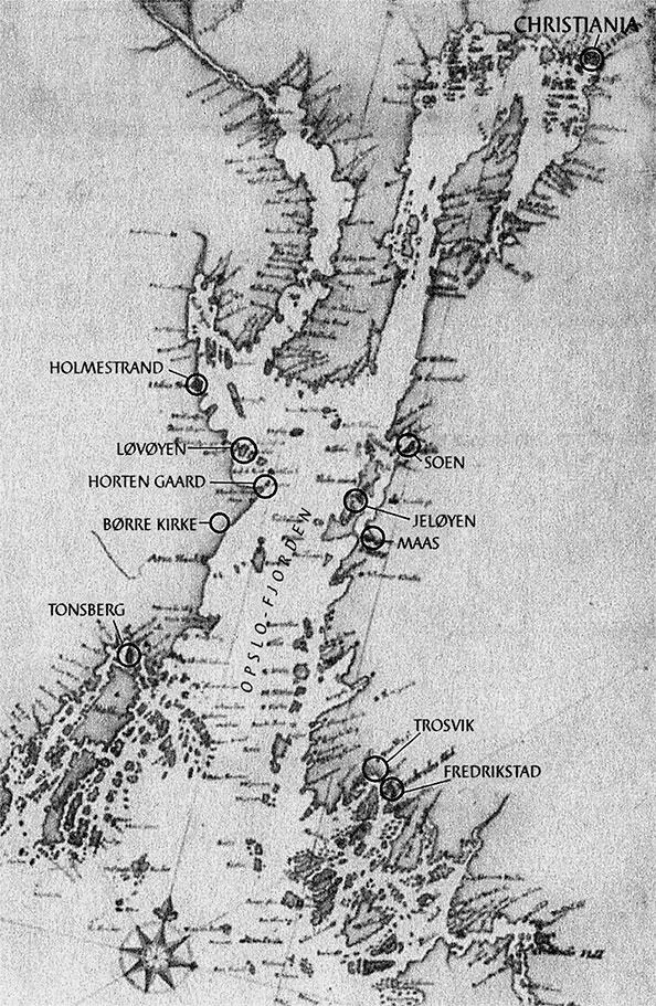 Фрагмент карты Йенса Сёренсена 1710 года Из СкагенаГётеборга в Христианию и - фото 1