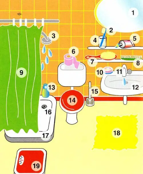 1 espejo м зеркало 2 cepillo м de dientes зубная щётка 3 ducha ж дождик - фото 12