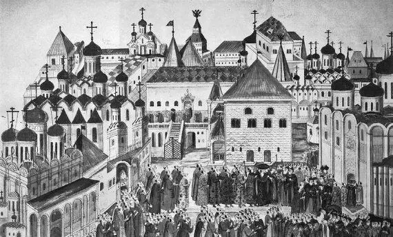 Рис 149 Архангельский собор в XVII веке Миниатюра из Книги об избрании на - фото 49