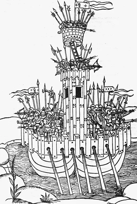 Военный корабль Миниатюра из книги Военное искусство Вальтурио 1483 года - фото 240