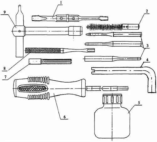 1 отвертка 2 ершик щетинный 3 выколотки 4 ключ 5 масленка 6 - фото 10
